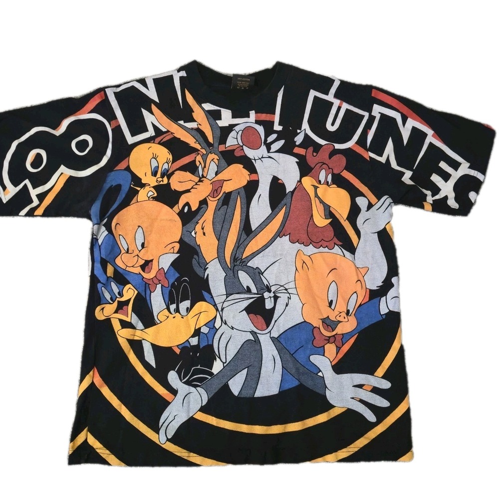 Looney Tunes All Over Print T Shirt The Crown Size XL Bugs Bunnyd Double-Sided